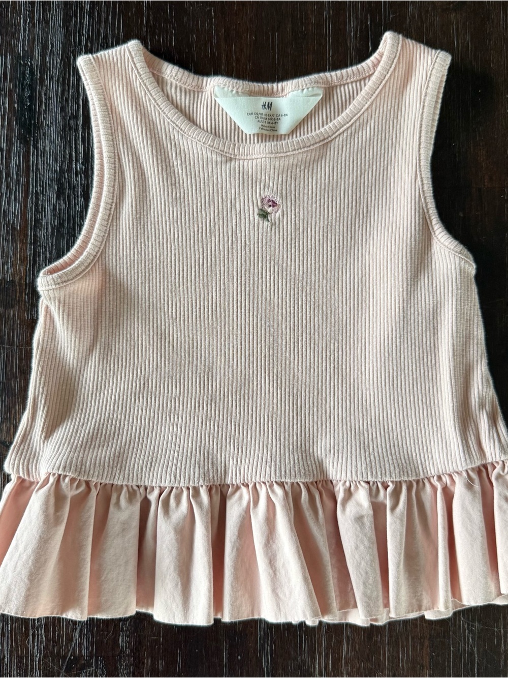 H&M Light Pink Ribbed Tank Top with Ruffle Hem and Rose Embroidery